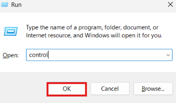 Windows Run dialog box with the word control typed into the Open field and the OK button outlined in a red box.