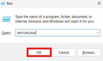 Windows Run dialog box with services.msc typed into the text field and a red box highlighting the OK button.