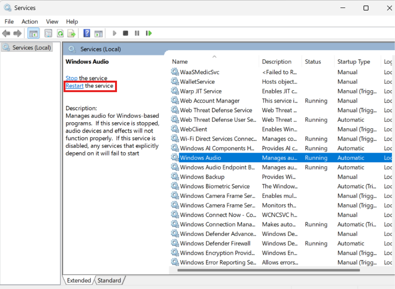 Windows Services management window with Windows Audio selected and a red box highlighting the Restart the service link.